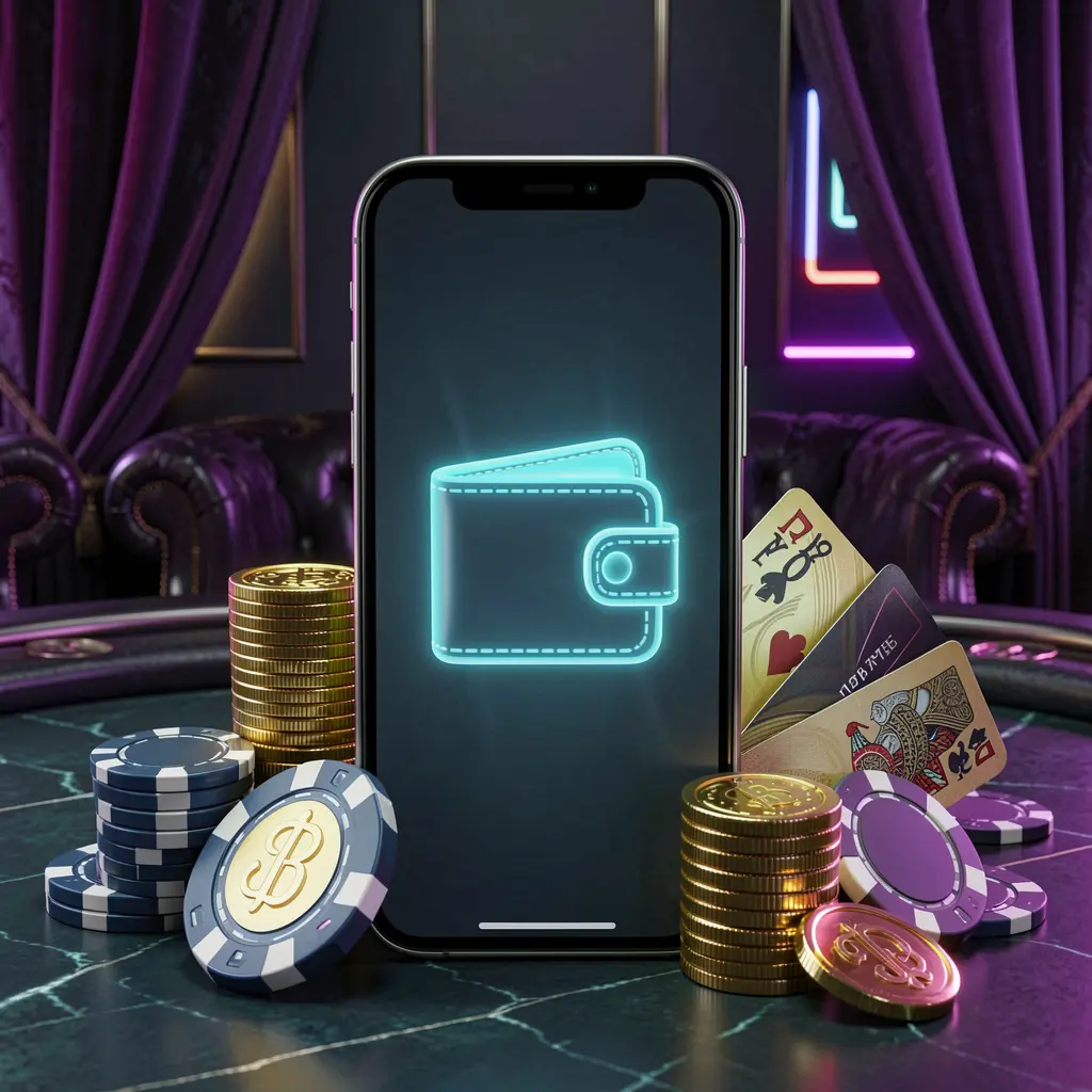 999PP online casino deposit bonus concept with smartphone displaying glowing wallet icon, surrounded by stacks of golden coins, poker chips, and bank cards on a dark luxury background with neon highlights