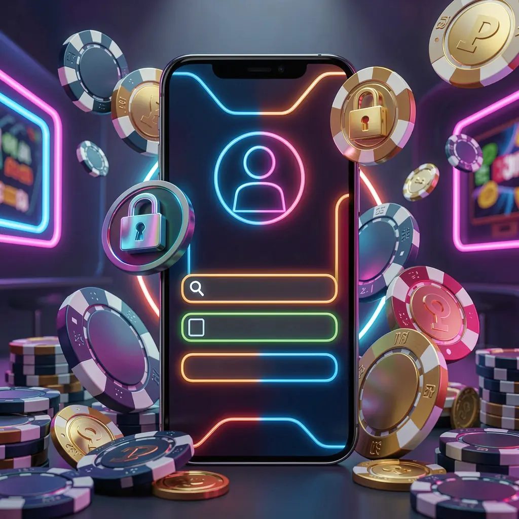 999PP mobile gaming login page concept on a smartphone featuring an abstract interface with user and lock icons, surrounded by casino chips and coins under luxury neon lighting
