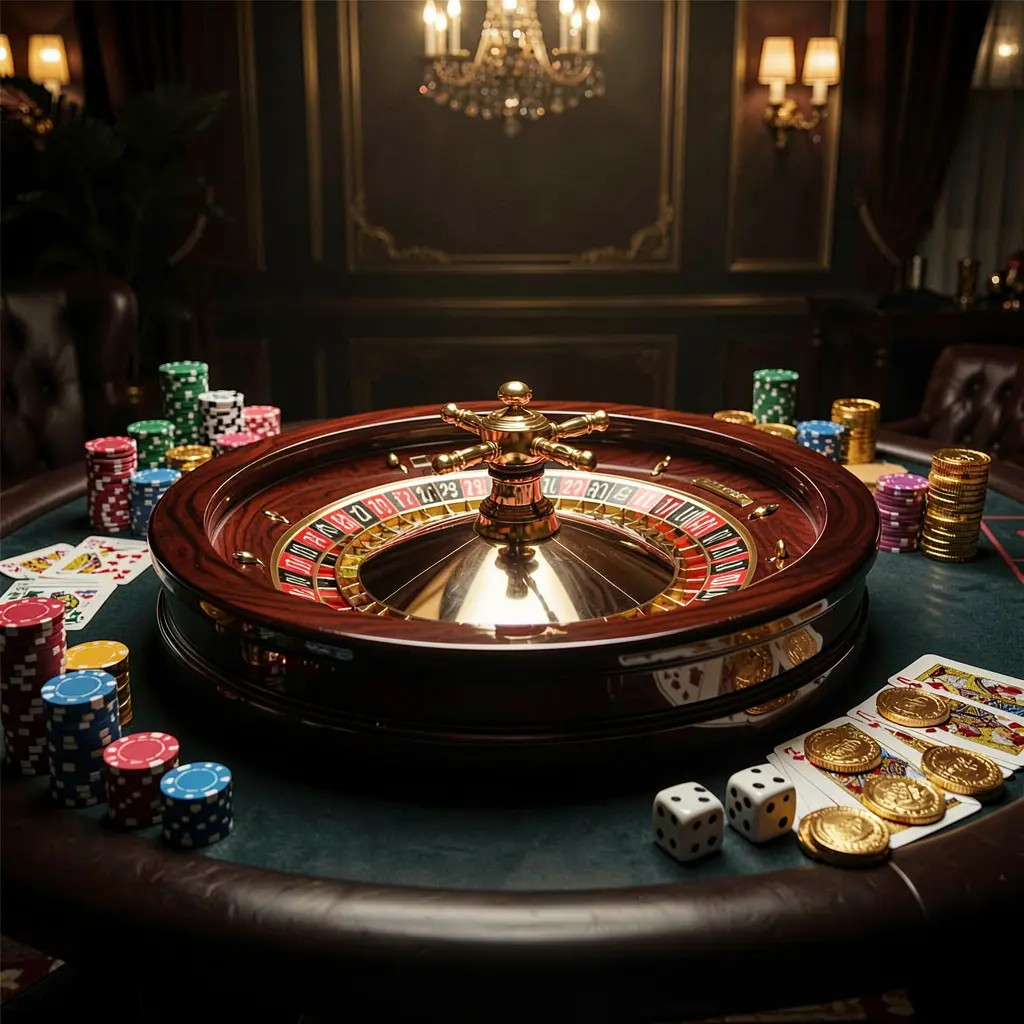 Premium casino homepage scene featuring a roulette wheel spinning on a glossy table with poker chips, dice, cards, and golden coins, set against an elegant dark background with cinematic lighting, showcasing 999PP's responsible gaming environment